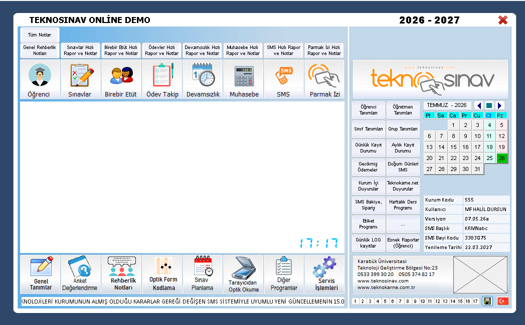 Teknosınav yönetim programının ana ekranı: öğrenci, sınav, birebir etüt, ödev takip, devamsızlık, muhasebe, SMS ve parmak izi modülleri ile hızlı rapor kısayolları.