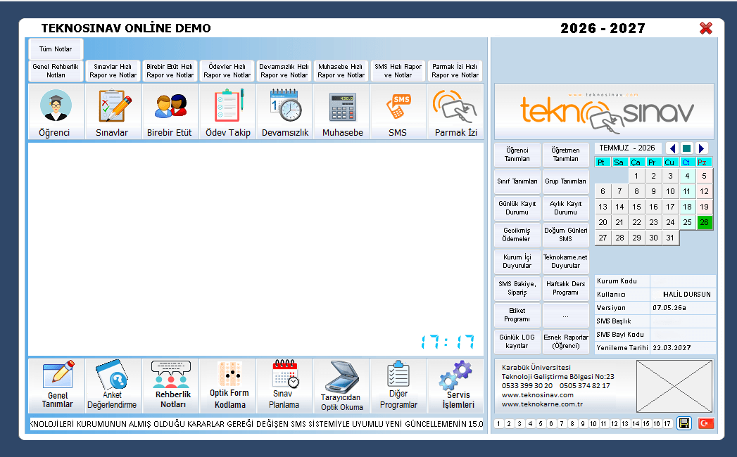 Teknosınav yönetim programının ana ekranı: öğrenci, sınav, birebir etüt, ödev takip, devamsızlık, muhasebe, SMS ve parmak izi modülleri ile hızlı rapor kısayolları.